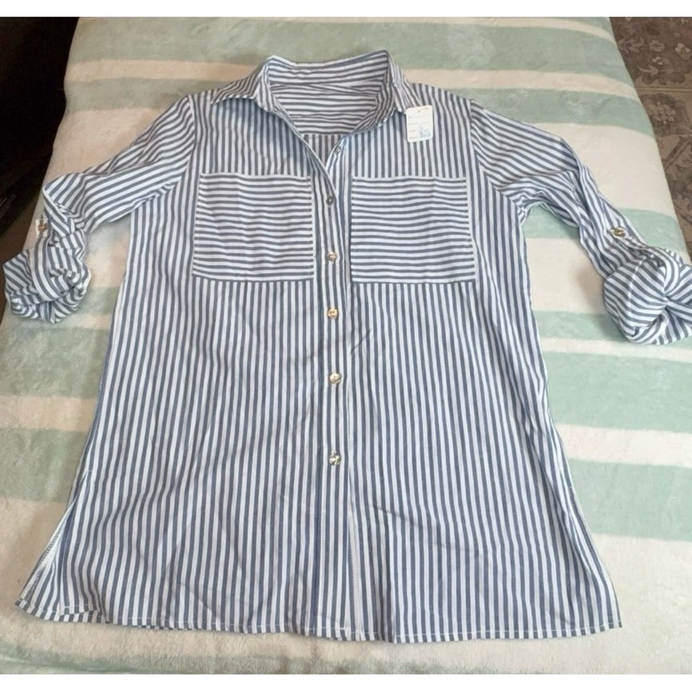 Women's size SMALL light denim blue and white striped button down shirt.